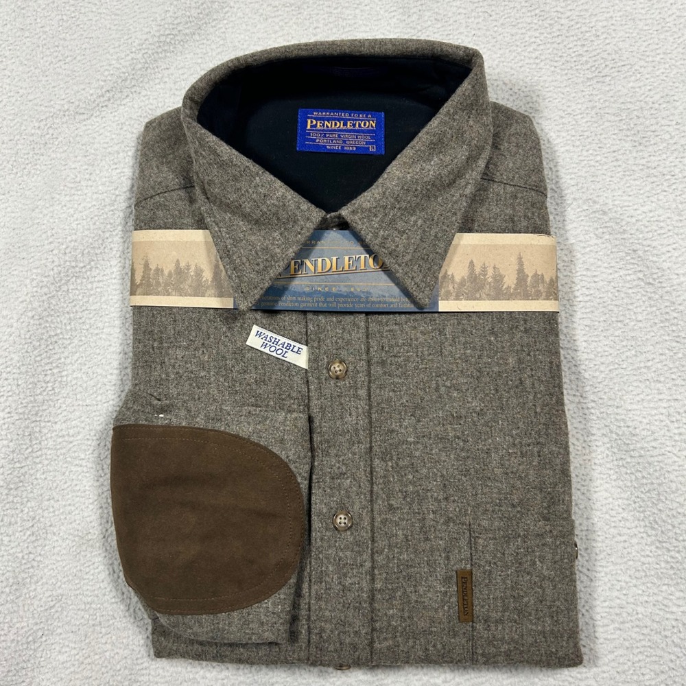 NWT Pendleton Wool Trail Shirt Mens L Brown Wool Elbow Patches USA AA032-28106